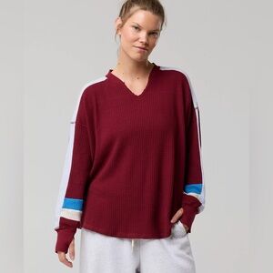 Aerie OFFLINE Wow! Waffle Notch Neck Maroon Long Sleeve T-Shirt Size XS Oversize